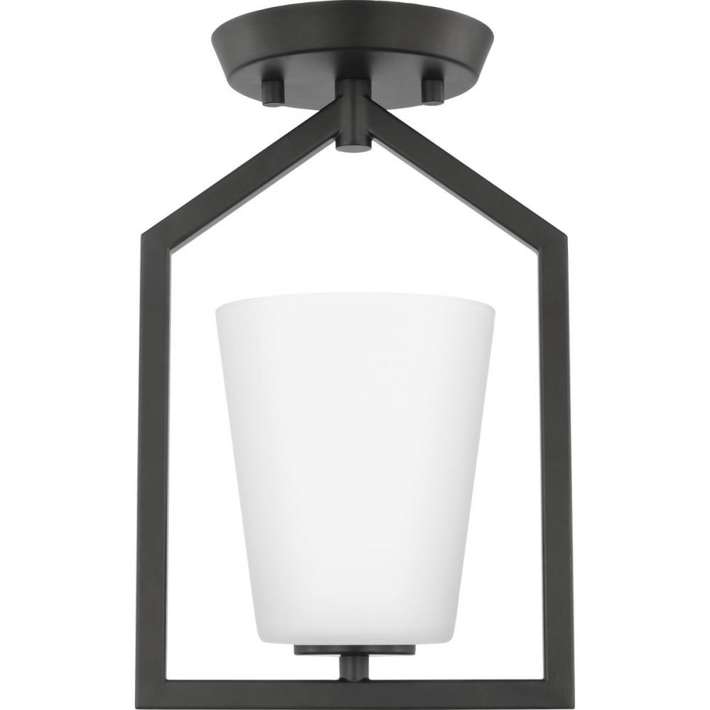 Vertex Collection One-Light Matte Black Etched White Contemporary Semi-Flush Mount