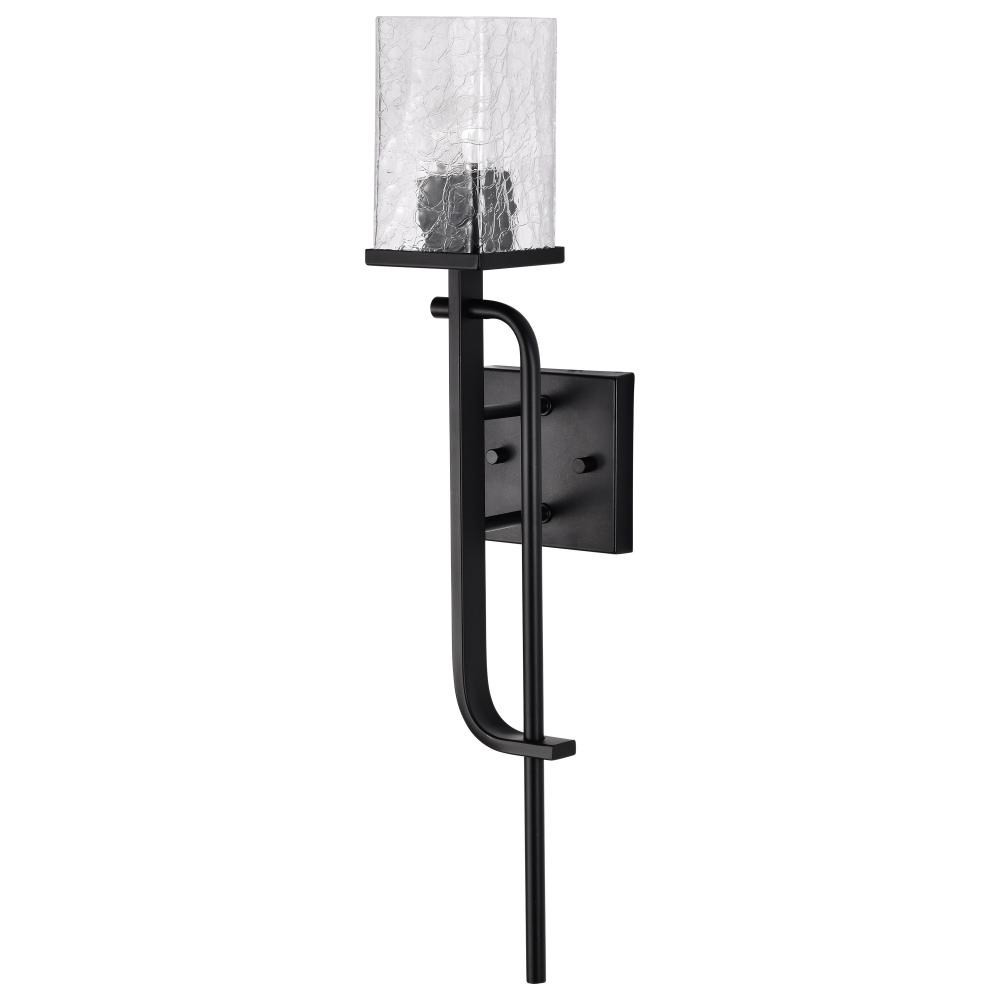 Terrace 1 Light Wall Sconce; Matte Black Finish; Crackel Glass