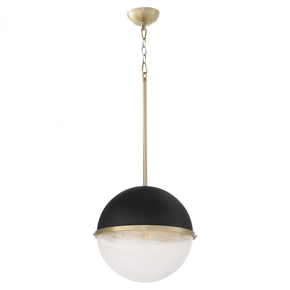 14 inches Milky Glass Sphere, Textured Black, Aged Brass